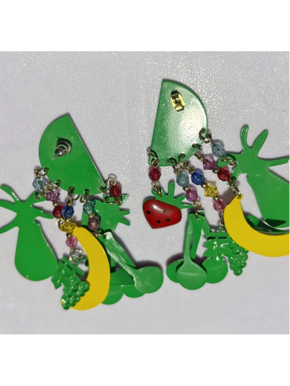 Vintage Fruit Salad Enamel Dangle Earrings | Watermelon Cherry Banana Pineapple